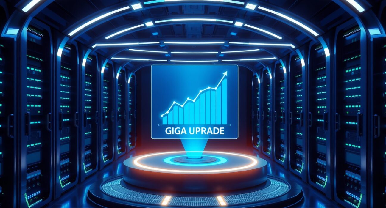 Sei price prediction chart and Giga upgrade visualization in a futuristic data center