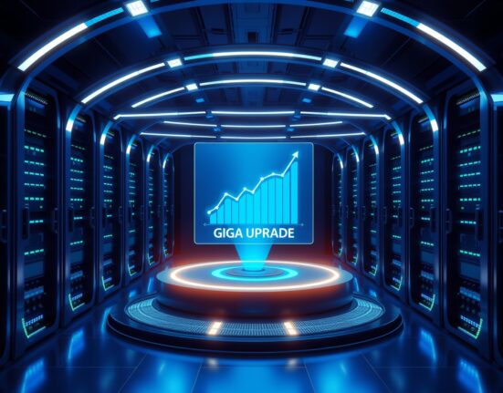 Sei price prediction chart and Giga upgrade visualization in a futuristic data center