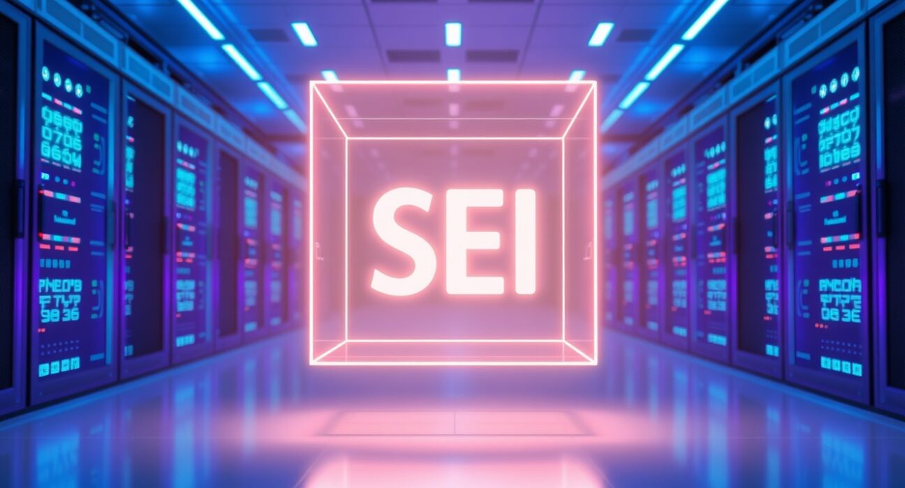 Futuristic server room with glowing SEI cube representing blockchain upgrade and price prediction analysis.