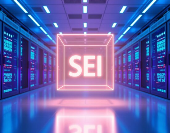 Futuristic server room with glowing SEI cube representing blockchain upgrade and price prediction analysis.