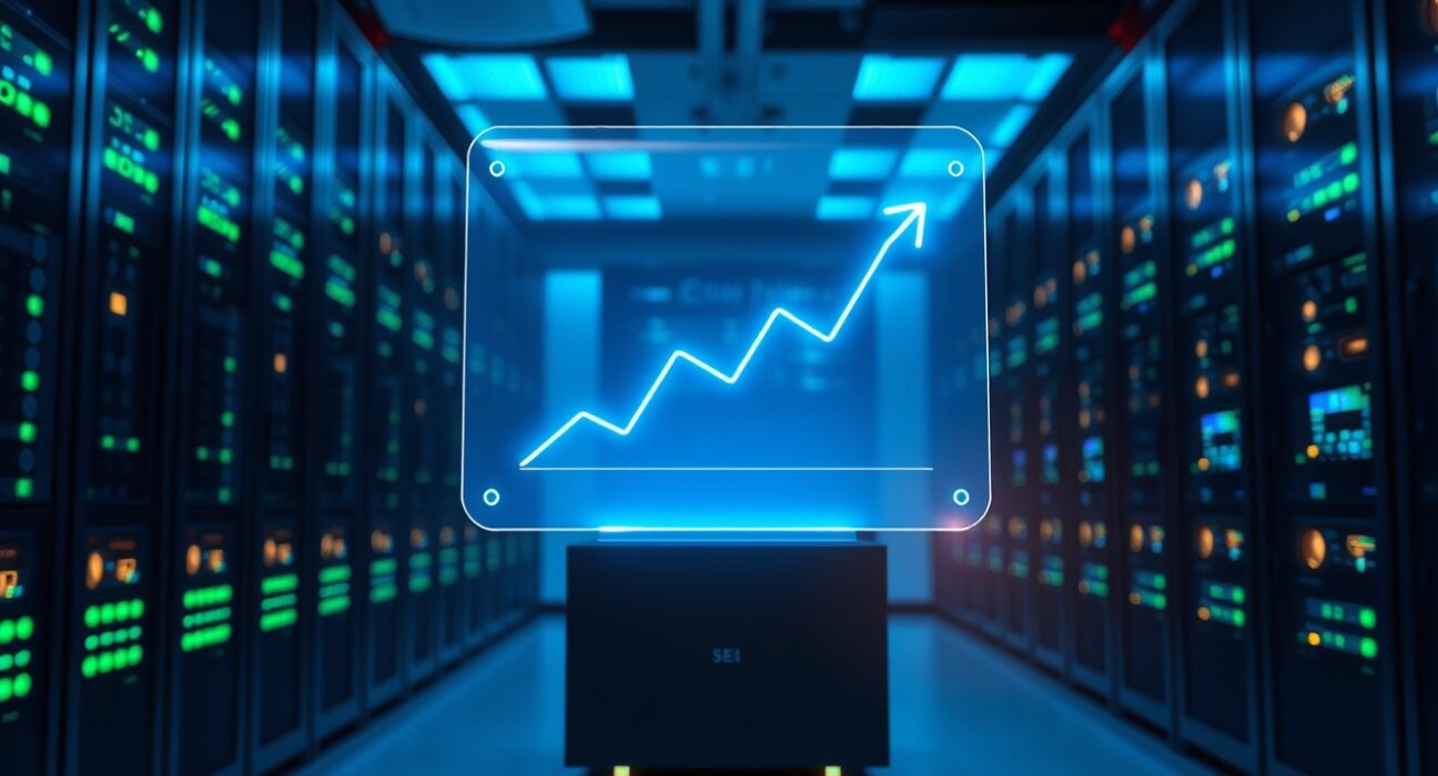 Sei blockchain server room with holographic SEI price chart and network infrastructure