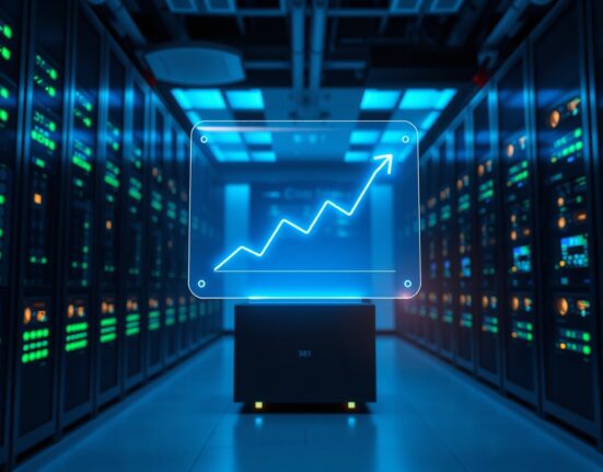 Sei blockchain server room with holographic SEI price chart and network infrastructure
