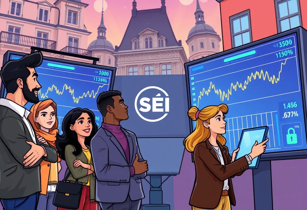 Cartoon illustration of European investors considering a new SEI staking ETP, symbolizing easy access to crypto yield through regulated financial products.