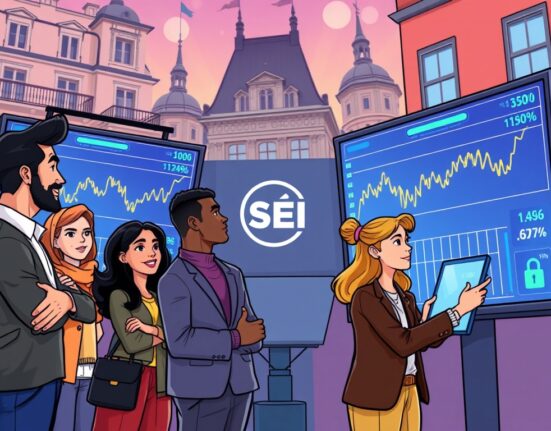 Cartoon illustration of European investors considering a new SEI staking ETP, symbolizing easy access to crypto yield through regulated financial products.