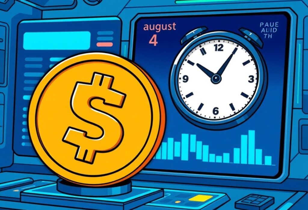 A cartoon illustration showing a temporary pause in SEI token transactions on a digital exchange screen, indicating an upcoming network upgrade.