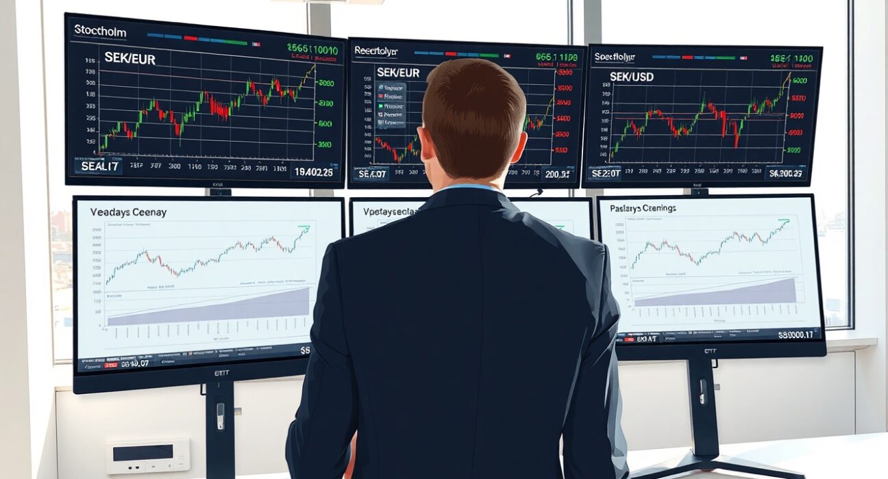 Financial analyst reviewing SEK currency data and economic indicators in Stockholm office setting