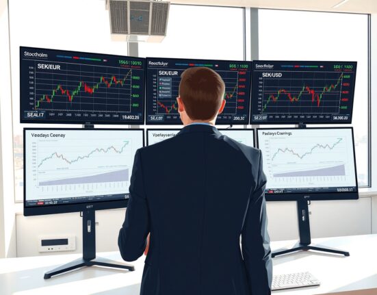 Financial analyst reviewing SEK currency data and economic indicators in Stockholm office setting
