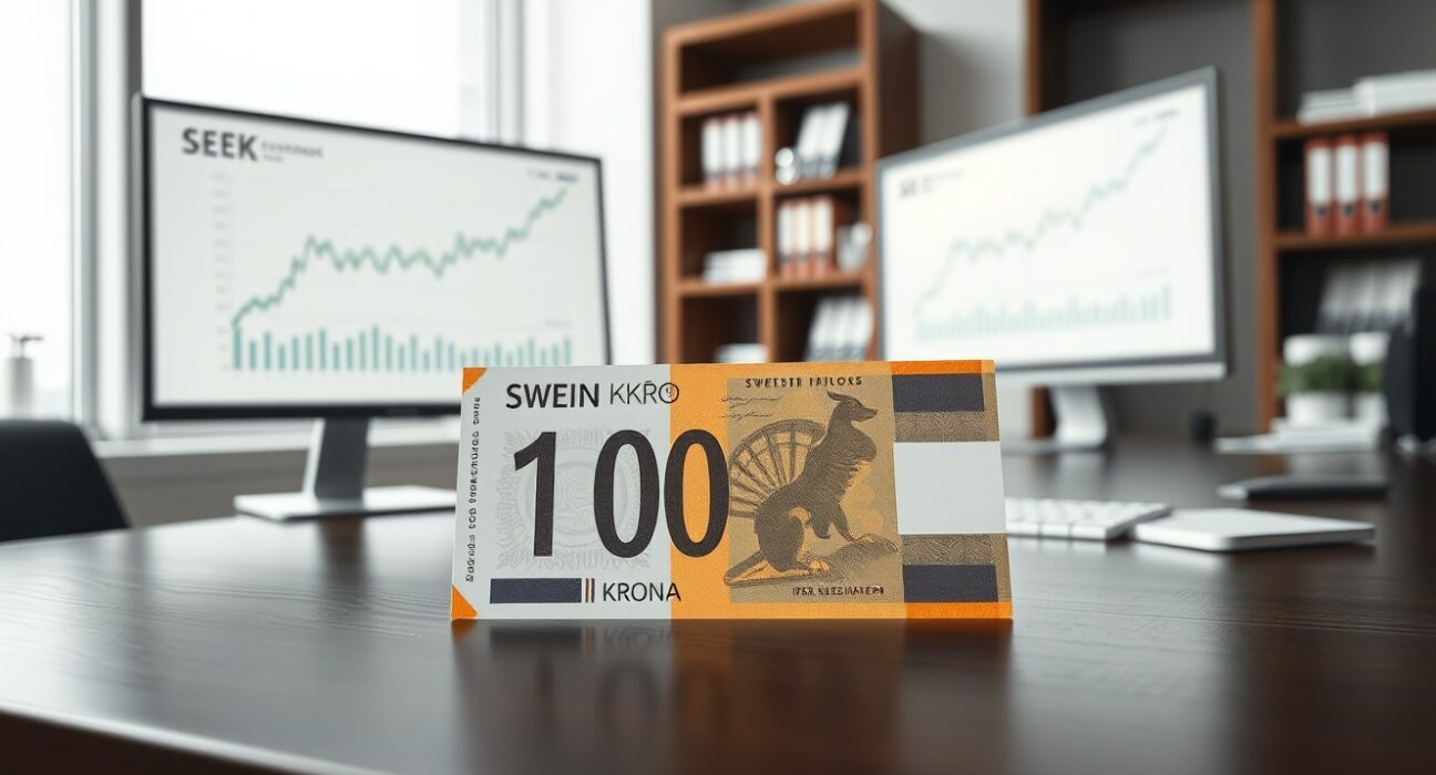 Swedish Krona (SEK) banknote with financial charts representing Societe Generale's 2025 currency analysis.