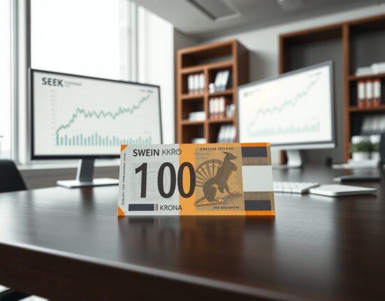 Swedish Krona (SEK) banknote with financial charts representing Societe Generale's 2025 currency analysis.