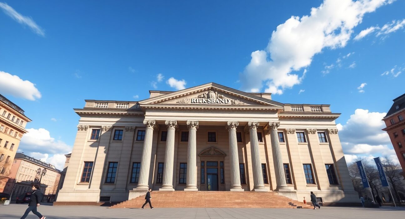 Swedish Riksbank headquarters building representing monetary policy decisions affecting SEK currency