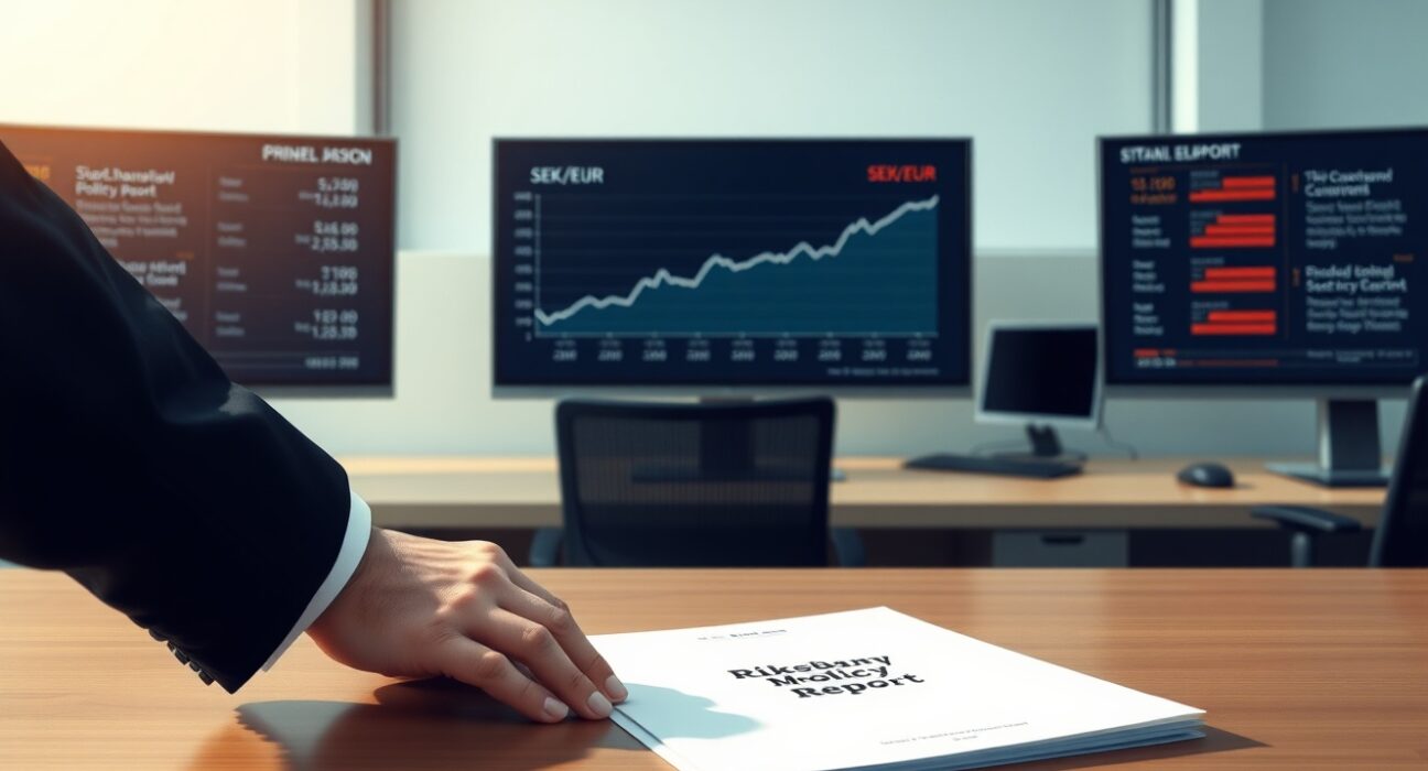 Analysis of SEK stability and Riksbank monetary policy patience in a modern control room setting.