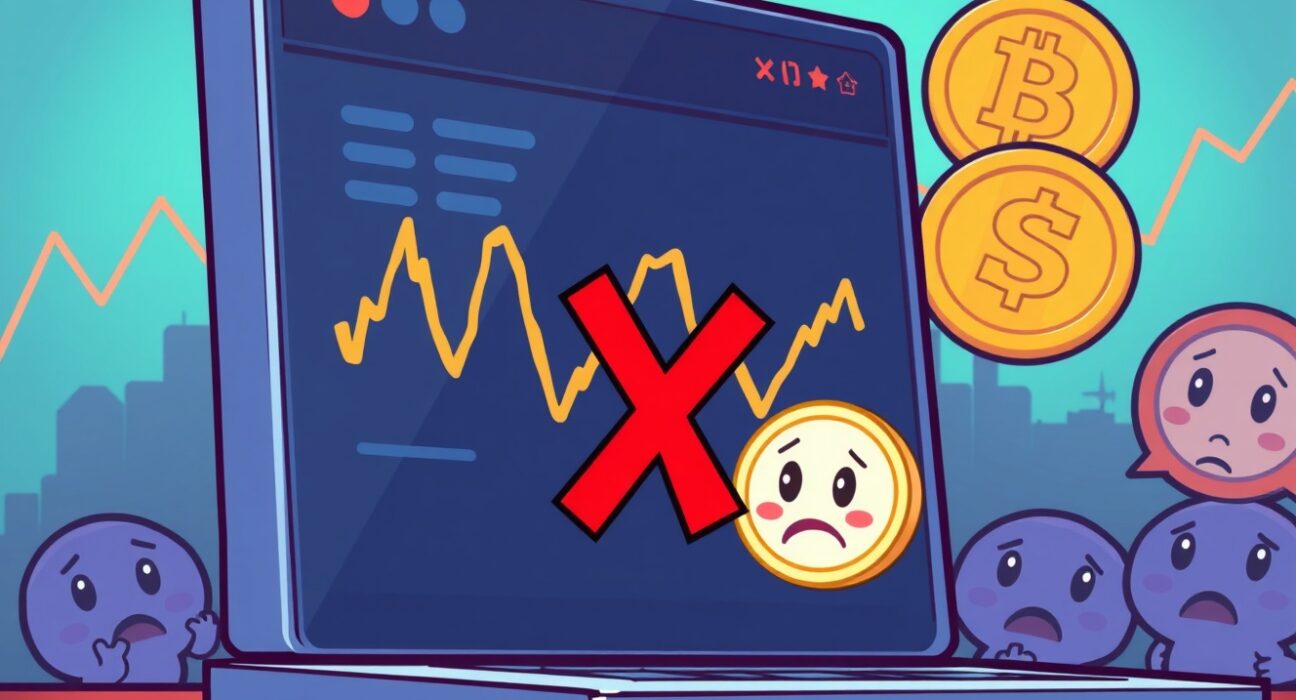 A cartoon image showing a Self Chain delisting announcement from a major crypto exchange, affecting token holders.