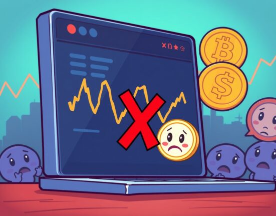 A cartoon image showing a Self Chain delisting announcement from a major crypto exchange, affecting token holders.
