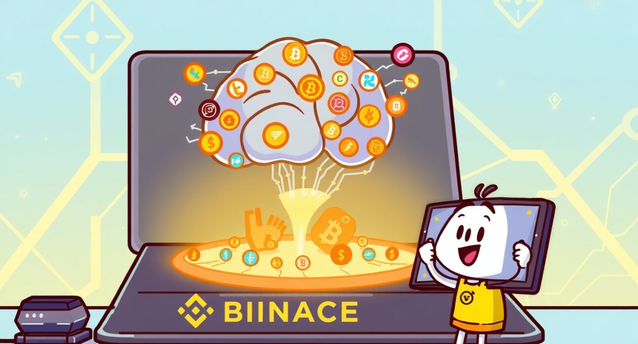 Cartoon illustration of Binance Alpha's platform integrating a Semantic Layer to enhance crypto trading insights.