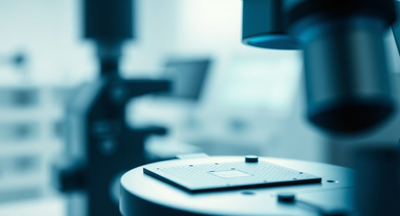 Close-up of a semiconductor wafer under a microscope in a cleanroom, representing the technical analysis of the Semiconductor Index.