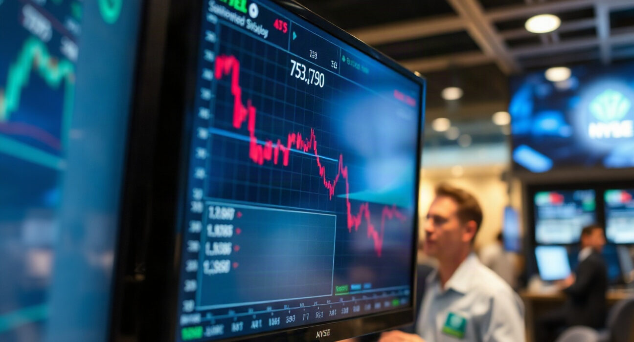 Stock market screen showing declining semiconductor stocks