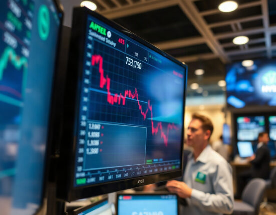 Stock market screen showing declining semiconductor stocks