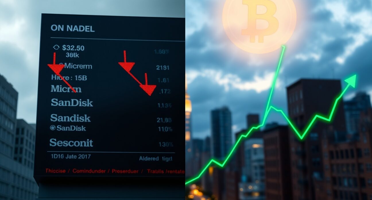 Split image of declining semiconductor stock tickers and rising Bitcoin symbol against a city skyline at dusk