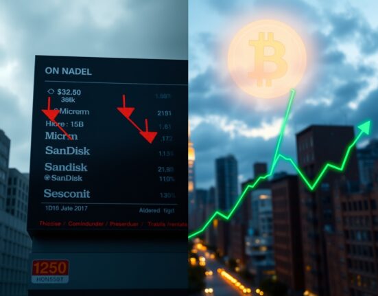 Split image of declining semiconductor stock tickers and rising Bitcoin symbol against a city skyline at dusk