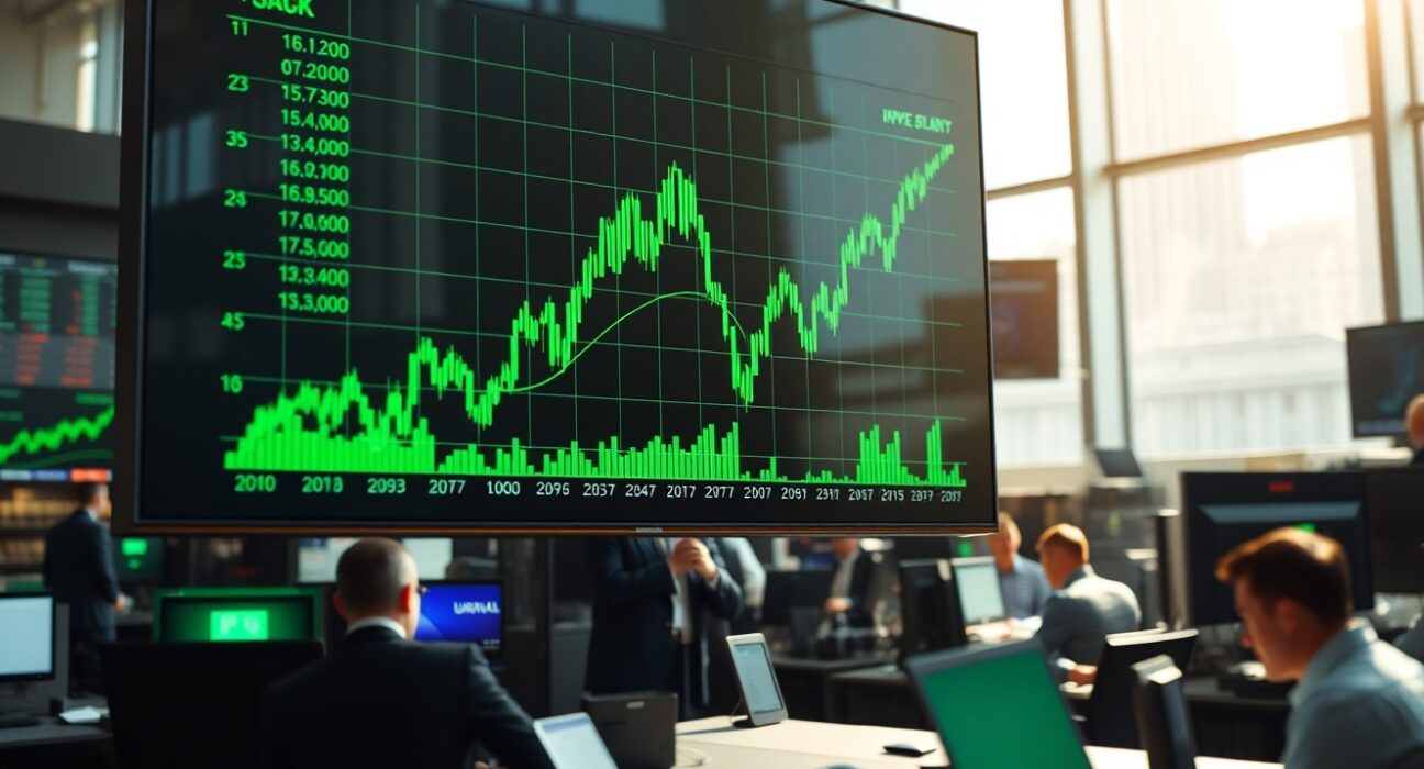 Stock market display showing green upward trends, symbolizing semiconductor and tech rally