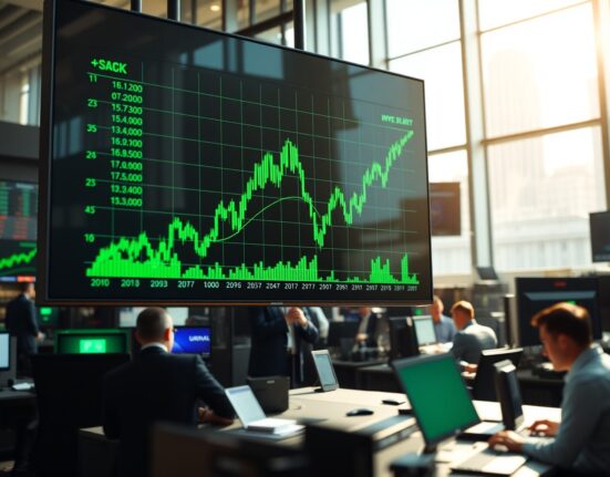Stock market display showing green upward trends, symbolizing semiconductor and tech rally