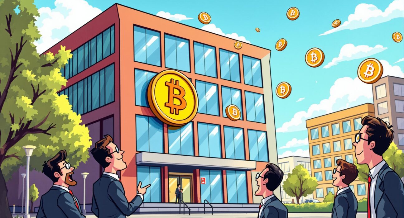 A cartoon illustration depicting Semler Scientific's strategic Bitcoin acquisition and growing institutional crypto adoption.