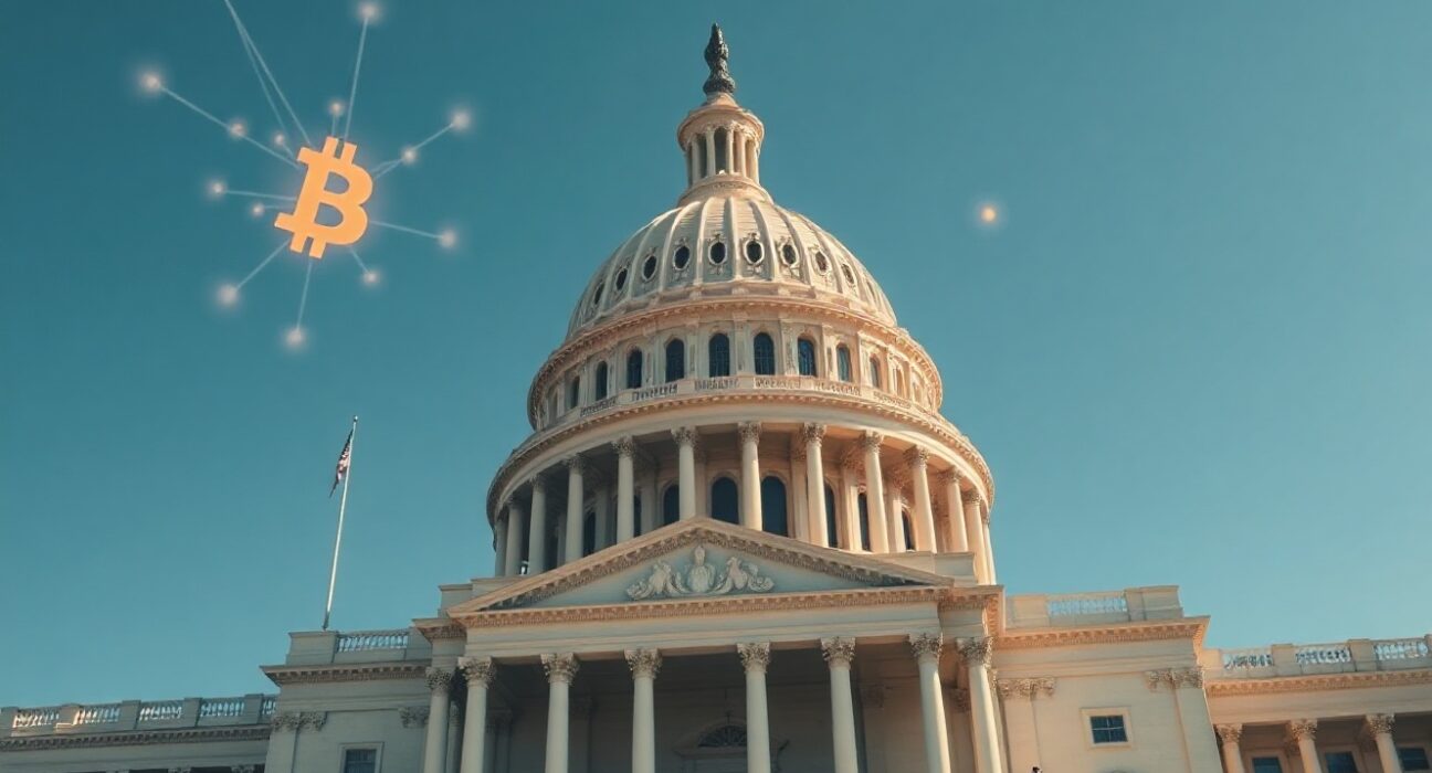 U.S. Capitol building with subtle digital blockchain overlay representing cryptocurrency policy discussion