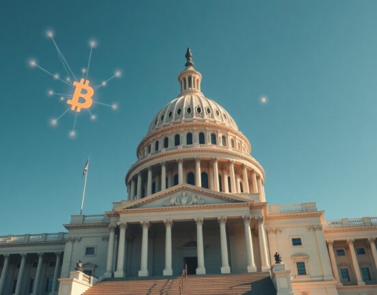 U.S. Capitol building with subtle digital blockchain overlay representing cryptocurrency policy discussion