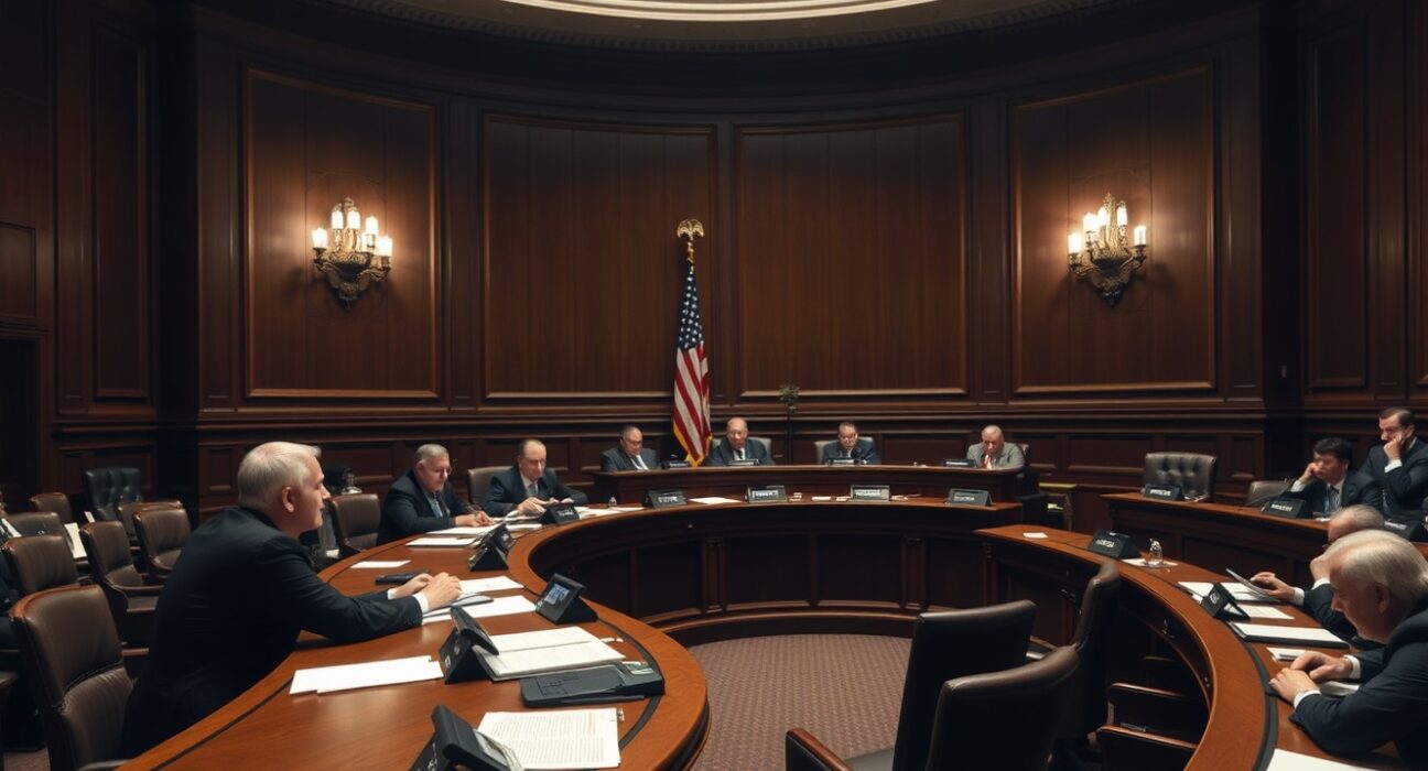 Empty Senate Banking Committee hearing room with wooden dais and microphones, ready for CLARITY Act markup session
