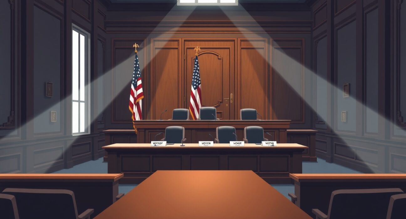 Empty US Senate committee hearing room with witness table and dais, awaiting the CLARITY Act markup session.