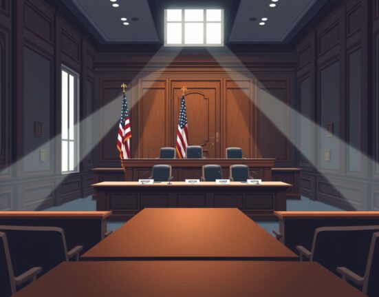 Empty US Senate committee hearing room with witness table and dais, awaiting the CLARITY Act markup session.