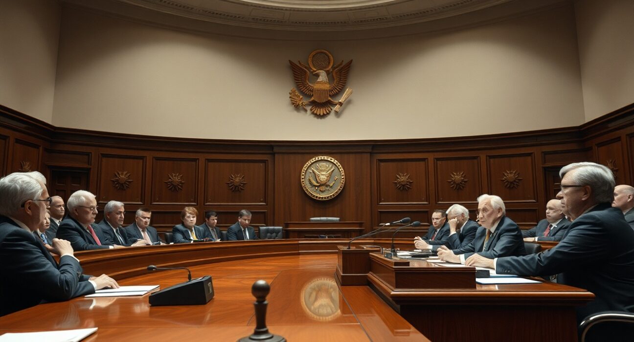 US Senate Banking Committee hearing room with senators at a table debating cryptocurrency regulation.
