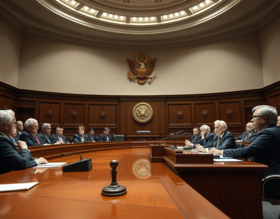 US Senate Banking Committee hearing room with senators at a table debating cryptocurrency regulation.