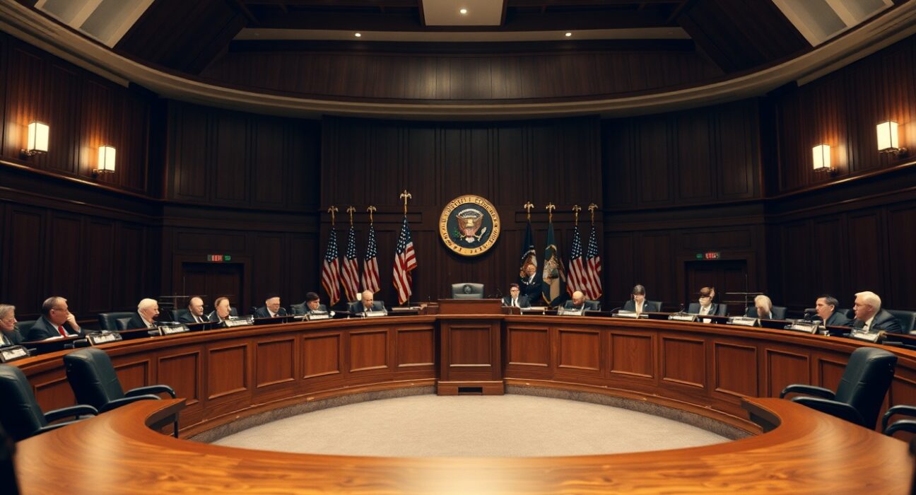 Interior of the U.S. Senate Banking Committee hearing room with empty chairs and microphones.