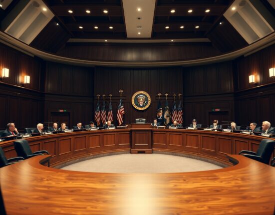 Interior of the U.S. Senate Banking Committee hearing room with empty chairs and microphones.