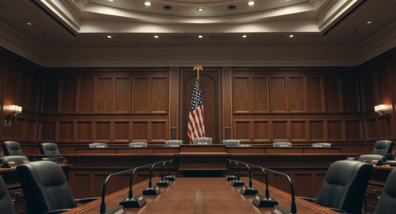 Empty Senate Banking Committee hearing room with microphones and nameplates on the dais.
