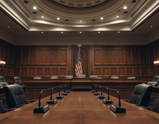 Empty Senate Banking Committee hearing room with microphones and nameplates on the dais.