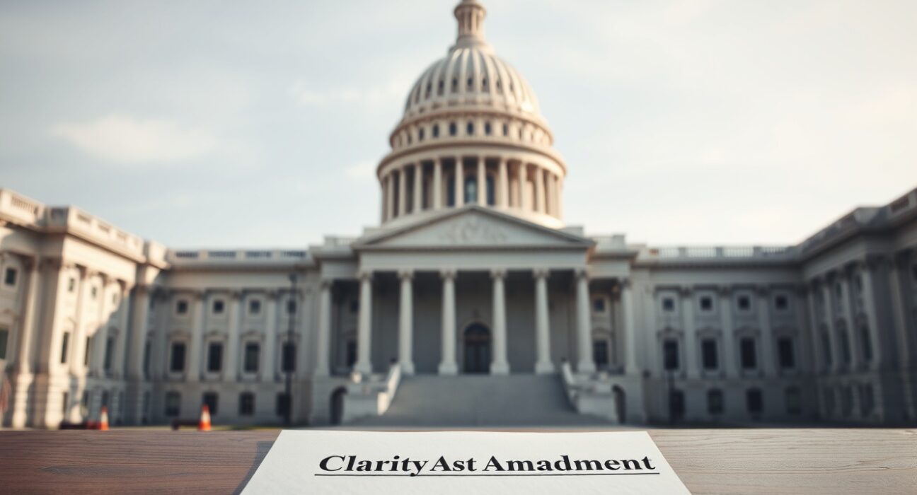 U.S. Capitol building with Clarity Act amendment document in foreground, representing crypto regulation legislation.