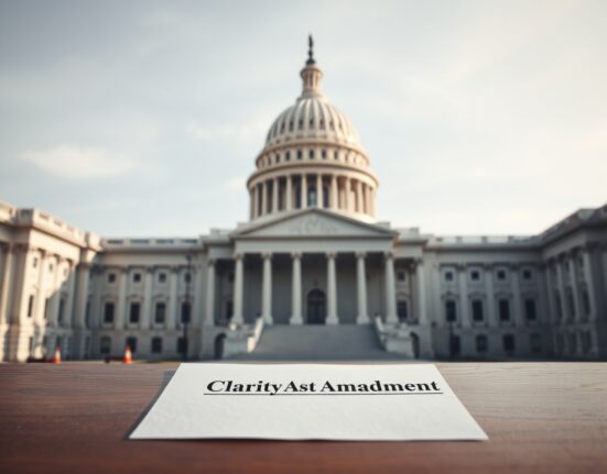 U.S. Capitol building with Clarity Act amendment document in foreground, representing crypto regulation legislation.