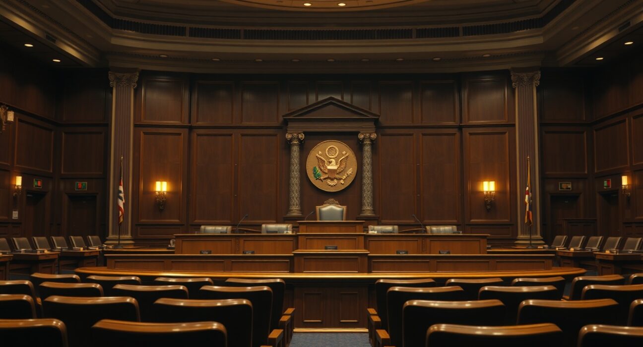 Empty US Senate hearing room with committee dais and microphones, awaiting the CLARITY Act markup session.