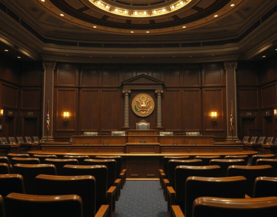 Empty US Senate hearing room with committee dais and microphones, awaiting the CLARITY Act markup session.