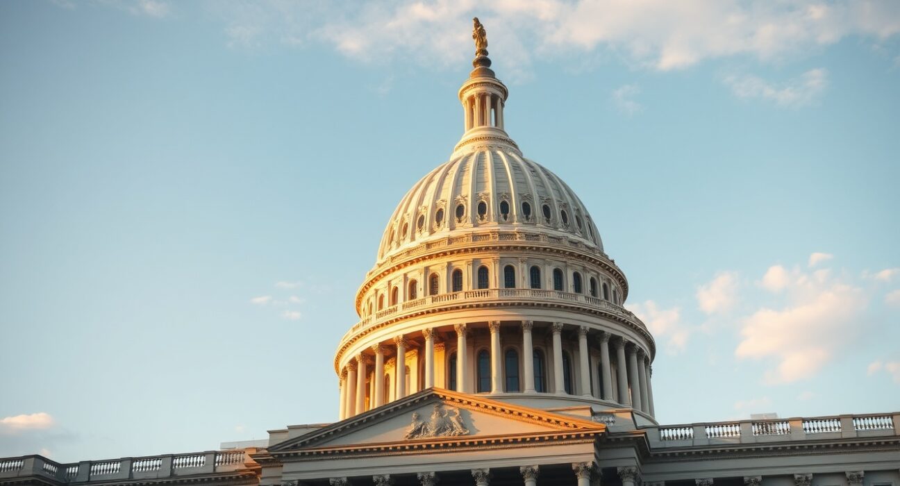 US Capitol building during golden hour, symbolizing Senate legislative action on the CLARITY Act.