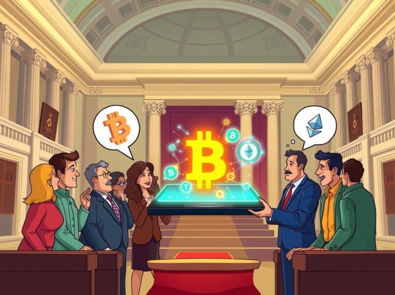 Cartoon illustration of US senators discussing a crypto market structure bill in a vibrant chamber.