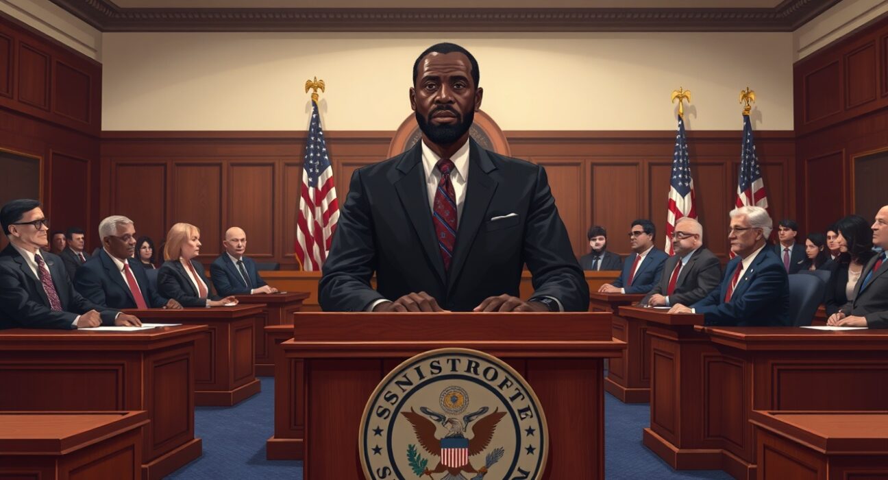 Senator Tim Scott announces bipartisan support for the crypto market structure bill in a Senate hearing room.