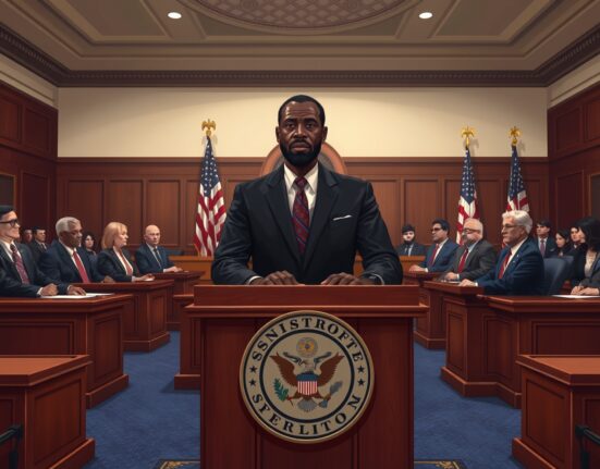 Senator Tim Scott announces bipartisan support for the crypto market structure bill in a Senate hearing room.