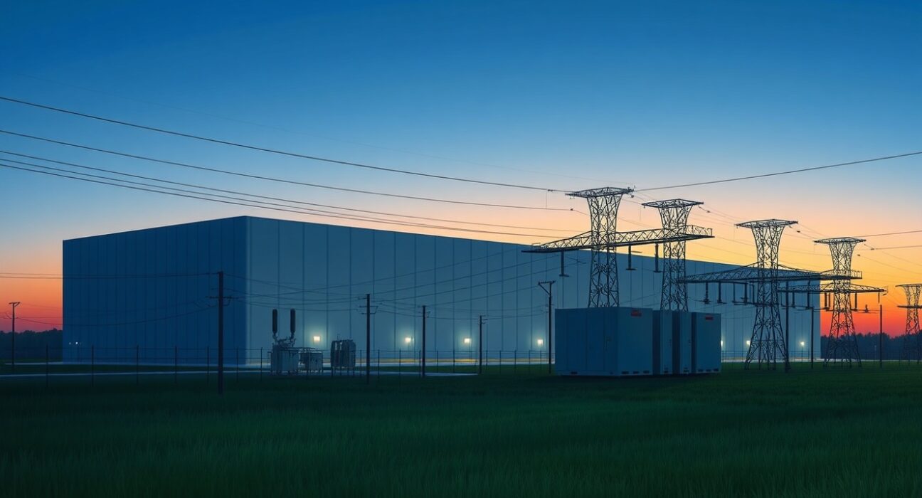 A large data center with electrical substation equipment under scrutiny for energy use and grid impact.