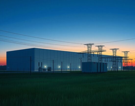 A large data center with electrical substation equipment under scrutiny for energy use and grid impact.
