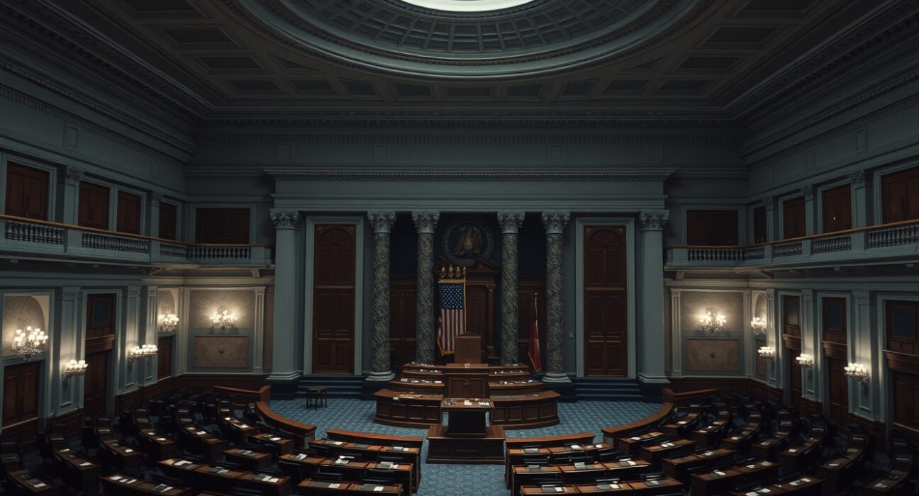 U.S. Senate chamber interior with empty desks and dais, illustrating legislative delay.