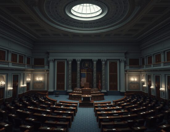U.S. Senate chamber interior with empty desks and dais, illustrating legislative delay.