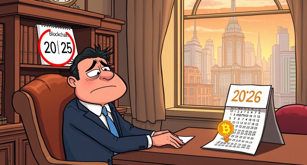 Cartoon illustrating the delay of the crypto market structure bill to 2026, showing bureaucratic frustration and blockchain hope.